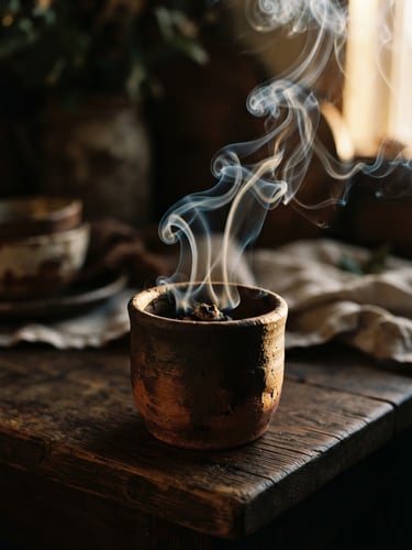Moody editorial macro of rising smoke trails from a clay vessel, soft golden-hour side light, warm earthy tones, rich shadows, 35mm film.