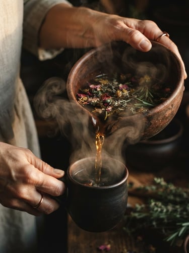Intimate close-up of hands pouring botanically infused water from a rustic clay bowl, soft golden hour side lighting, rising steam, dark background, 35mm film