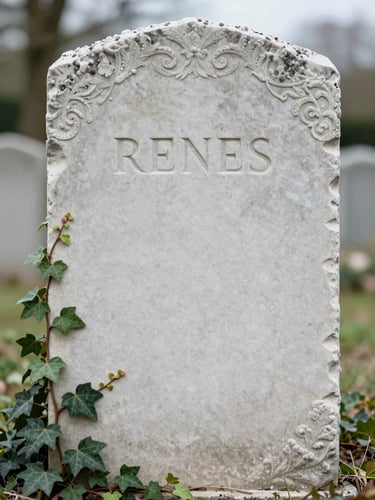 Quiet close-up of a clean limestone grave marker in Reims under soft overcast light, delicate ivy growing naturally nearby, serene atmosphere.