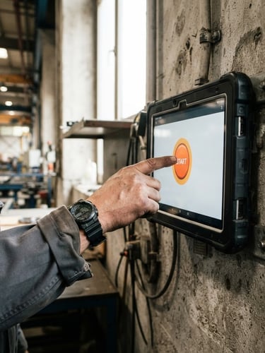 Close-up of a shift worker's hand tapping a large orange button on a tablet screen mounted to a concrete wall, bright natural daylight, high contrast, realistic workplace.