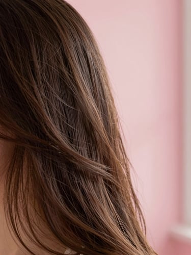 Close-up of healthy, flowing dark brown hair catching soft morning daylight, warm editorial photography, pastel pink background