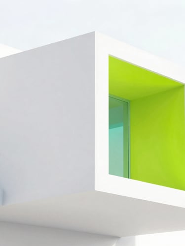 Bright high-key architectural photograph of a modern white minimalist building exterior, sharp geometric lines, clean shadows, bright daylight