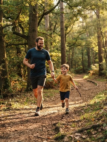 Wide environmental shot of a father and son running together on a sunlit forest trail, warm golden-hour light filtering through trees, rich earthy tones, 35mm film look.