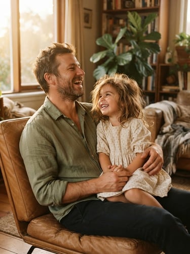 Warm editorial photography of a father and young daughter sharing a quiet laugh in a sunlit living room, golden hour light, 35mm film look