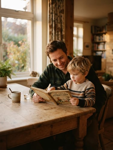 A warm, natural-light photograph of a father and son sitting at a wooden dining table, reading a book together, soft golden hour light filtering through a window, 35mm film look.