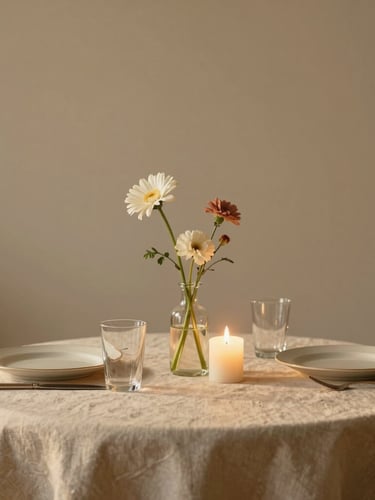 Cinematic portrait of a beautifully styled linen table setting with single-stem flowers and soft candlelight, captured in warm golden hour light, clean minimalist composition.