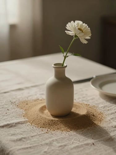 Soft diffused natural light, close-up of a curated table setting with linen tablecloth, a single-stem flower in a delicate vase, warm sand tones, cinematic framing.