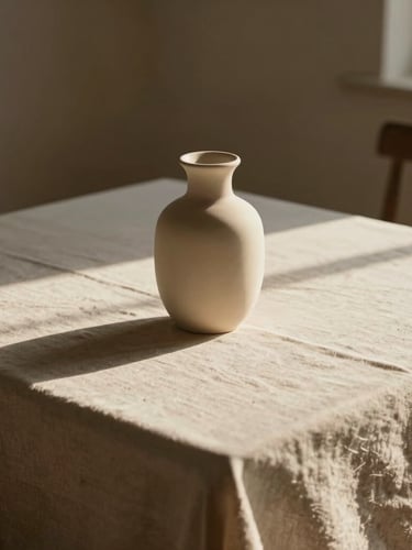 Cinematic portrait shot of a minimal wedding table setup, warm afternoon sun casting long shadows, linen tablecloth, single-stem ceramic vase, soft neutral tones.