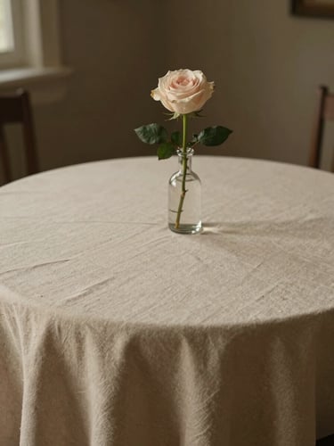 Cinematic portrait shot of a minimalist wedding table setting, warm natural light, soft beige linen tablecloth, single-stem rose in a delicate vase, negative space.
