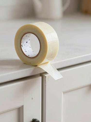 Macro shot of painter tape peeling back to reveal a razor-sharp paint line on custom kitchen cabinets, bright natural daylight, clean workspace