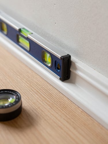 Macro shot of a carpenter's level resting on a freshly installed crown molding, razor-sharp alignment, bright natural side-light, dust-free wood surface.