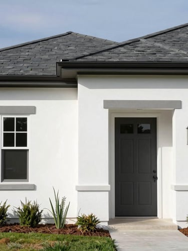 Straight-on architectural shot of a freshly painted modern home exterior, crisp white stucco contrasting with dark slate trim, bright Texas sunlight, neat landscaping