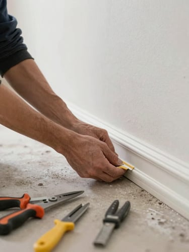 Straight-on architectural shot of a dust-conscious technician installing baseboard trim, crisp lines, organized tools, natural daylight.