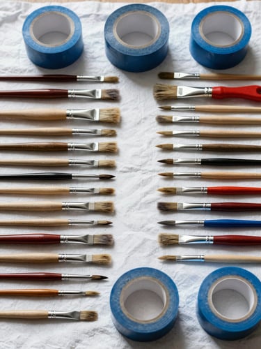A neatly organized array of professional painting tools, clean brushes, and rolls of blue tape laid out symmetrically on a clean drop cloth in bright daylight.