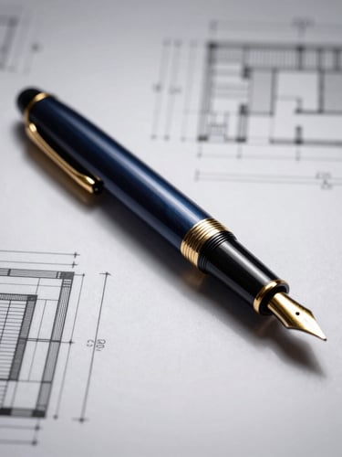 A sharp macro portrait of a luxury fountain pen resting on structured architectural blueprint paper, crisp side-lighting, deep navy shadows, gold accents