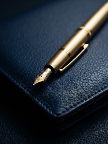 A close-up macro shot of an elegant gold fountain pen resting on a crisp leather-bound folio, dramatic side-lighting, deep navy shadows, editorial corporate photography, 35mm.