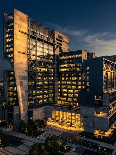 Wide architectural angle of a modern concrete and steel corporate headquarters, dramatic side-lighting, deep navy shadows, sharp focus, 35mm