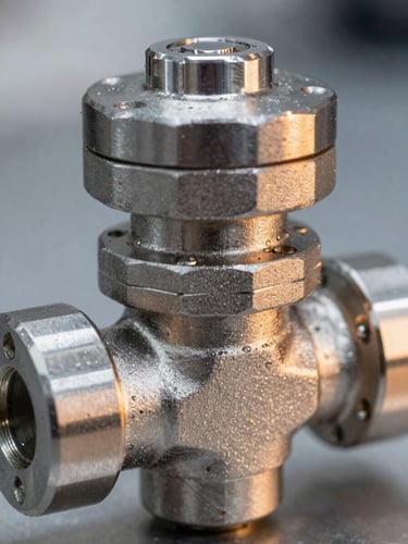 Macro shot of a high-precision stainless steel industrial valve, crisp lighting, metallic details, cool steel tones with warm amber highlights, 50mm lens.