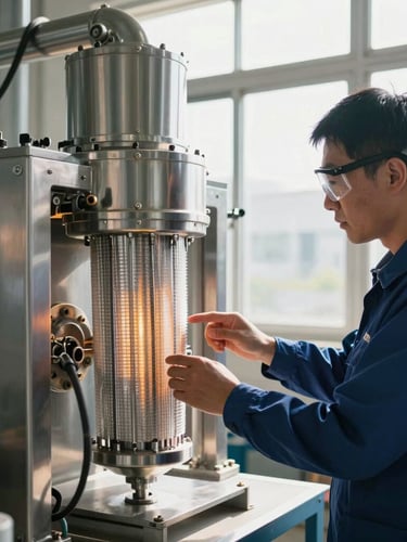 An industrial engineer wearing safety gear inspecting filtration equipment on-site, natural factory window light, high contrast, sharp metallic details, cool steel tones.
