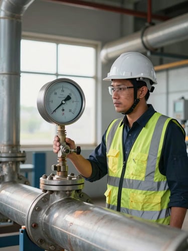 An Indonesian mechanical engineer in a hard hat and safety vest inspecting a large pressure gauge on an industrial pipeline, natural factory window light, cool steel tones.