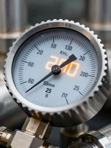 Macro shot of a high-precision digital pressure gauge with sharp metallic details, glowing amber LED display, industrial steel pipes background, crisp 50mm lens