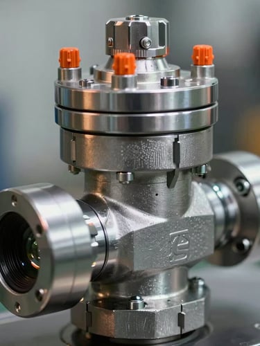 Macro shot of a heavy-duty industrial pneumatic actuator mounted on a stainless steel valve, metallic reflections, safety orange accents, cool steel tones, 50mm lens.
