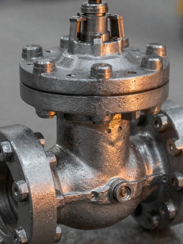 Macro shot of a heavy industrial steel control valve, sharp metallic details, high contrast, cool steel tones with warm amber highlights, 50mm lens