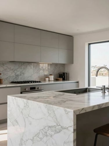 Wide-angle architectural crop of a high-end modern kitchen with polished marble countertops and immaculate clean lines, bright daylight.