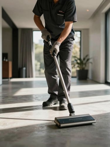 Vertical architectural crop of a modern high-end residence interior, natural light streaming onto polished concrete floors, a professional cleaner in a dark charcoal uniform working meticulously in the background.
