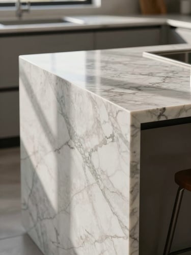 A close-up of a perfectly polished marble kitchen island in natural daylight, reflecting crisp architectural lines, zero dust, high-end design