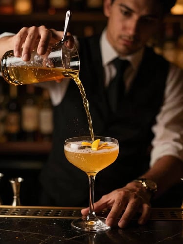 A professional bartender pouring a vibrant cocktail into a coupe glass, amber spotlights illuminating the fine spray of citrus zest, dark luxury bar background.