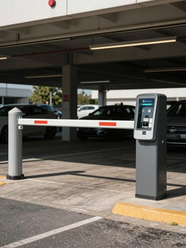 Wide environmental shot of an operational parking facility entrance, a Softeck vehicle barrier mid-cycle with a payment kiosk visible to the right, direct daylight, high contrast, true color reproduction emphasizing the physical durability of the installed equipment