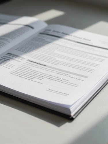 Macro shot of organized technical dossiers and regulatory compliance documents on a clean slate-gray desk, sterile daylight, architectural shadows.