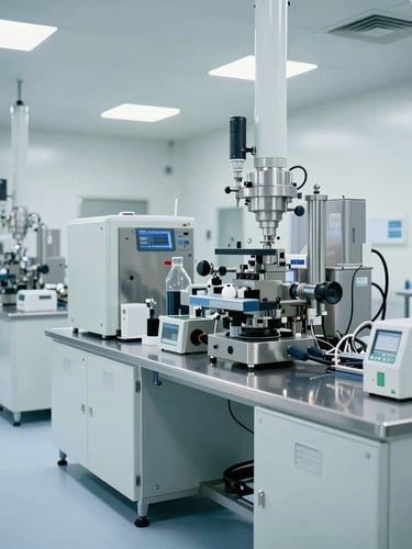 Wide environmental shot of a compliant sterile pharmaceutical manufacturing line in Mexico, bright cool daylight, pristine modern equipment.