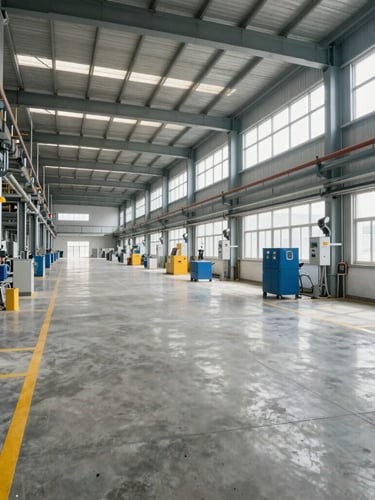 Wide-angle shot of a highly organized, modern industrial facility floor, clean concrete, clear safety pathways marked in yellow, bright daylight from high windows.