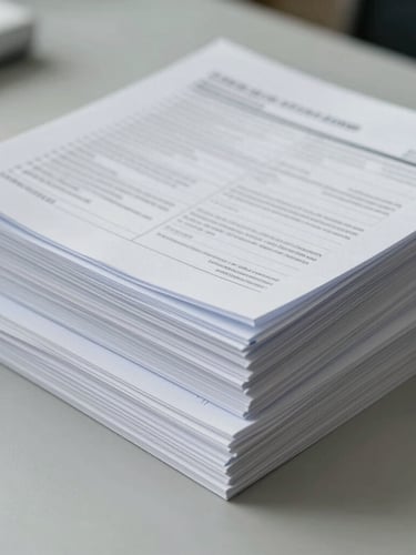 Macro shot of organized technical dossiers and regulatory documents stacked precisely on a clean slate gray desk, bright sterile daylight, cool tones.