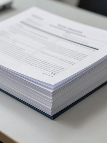 Macro shot of organized technical dossiers and regulatory documents on a clean slate gray desk, bright sterile daylight, sharp focus on paper edges.