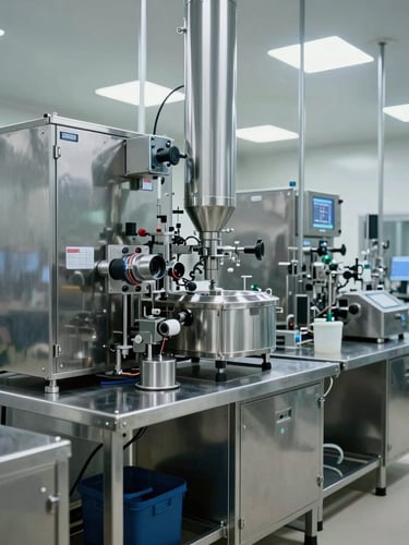 Wide environmental shot of a sterile pharmaceutical manufacturing line, stainless steel equipment, cool daylight, absolute precision.