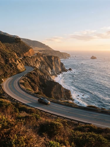 Wide panoramic view of a coastal highway winding along cliffs at golden hour, a lone vehicle traveling south, soft sky blue horizon, cinematic tones