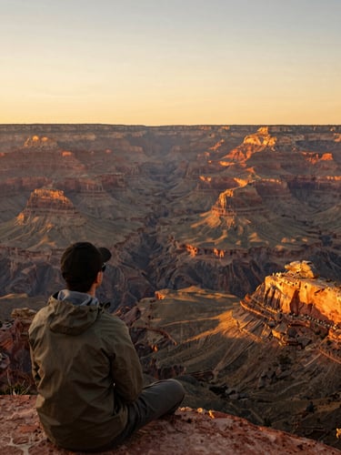 A side profile of a traveler looking out over the vast, golden-hued depths of the Grand Canyon during sunset, establishing scale and quiet contemplation.