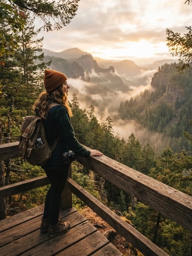 A vertical portrait of a traveler standing on a wooden overlook, looking out at a deep misty forest canyon at golden hour, warm cinematic lighting, authentic atmosphere.