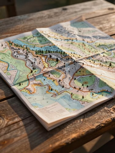 An intimate close-up of a weathered topographic map of Yosemite National Park resting on a rustic wooden table, soft morning sunlight casting long shadows.