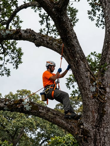 Arborist high in a giant oak tree canopy, wearing safety gear, adjusting a safety orange lanyard, overcast natural daylight, high contrast
