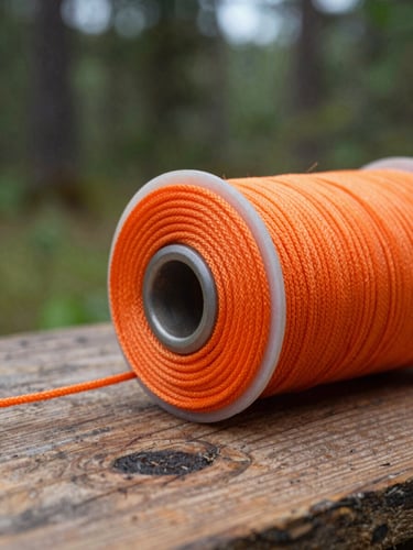 Close-up of a perfectly spliced rope eye with safety orange whipping thread, resting on a rustic wooden workbench, natural daylight