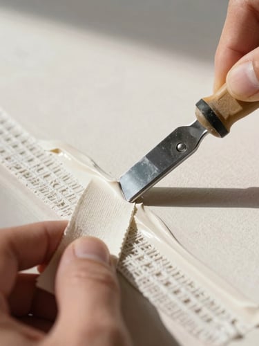 Macro close-up of a hand using a metal taping knife to apply smooth joint compound over drywall mesh tape, bright direct tropical sunlight highlighting the clean edge and texture.