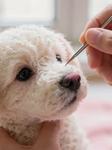 Macro shot of hands carefully using a single felting needle to sculpt the fine pink nose of a wool dog portrait, wool fibers clearly visible, soft focus