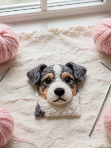 Overhead flat lay of a clean creative workspace, pink merino wool, felting needles, and a half-finished felted pet portrait on a cream linen cloth, soft morning window light