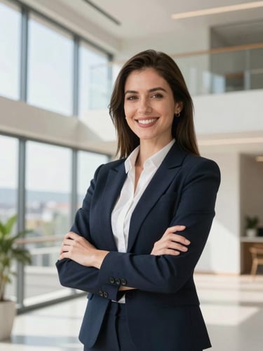 A professional real estate broker in a bright, modern interior with natural daylight, smiling confidently, architectural lines of Ambato in the background, 35mm lens