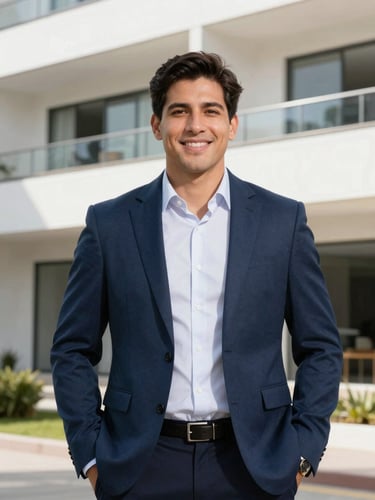 Professional outdoor portrait of real estate broker Andrés Vaca in Ambato, bright natural daylight, clean modern architecture background, real estate editorial style