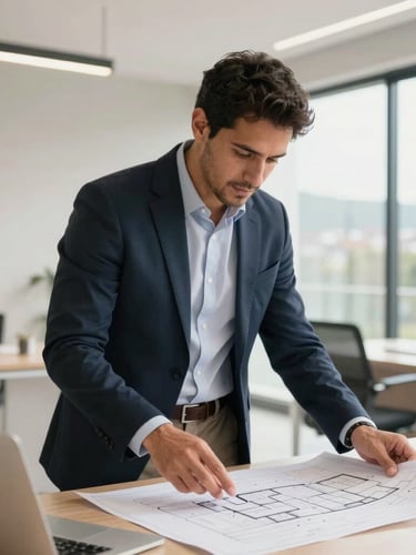 Portrait of professional real estate broker Andrés Vaca reviewing architectural plans in a bright modern office in Ambato, natural daylight, warm real estate editorial style